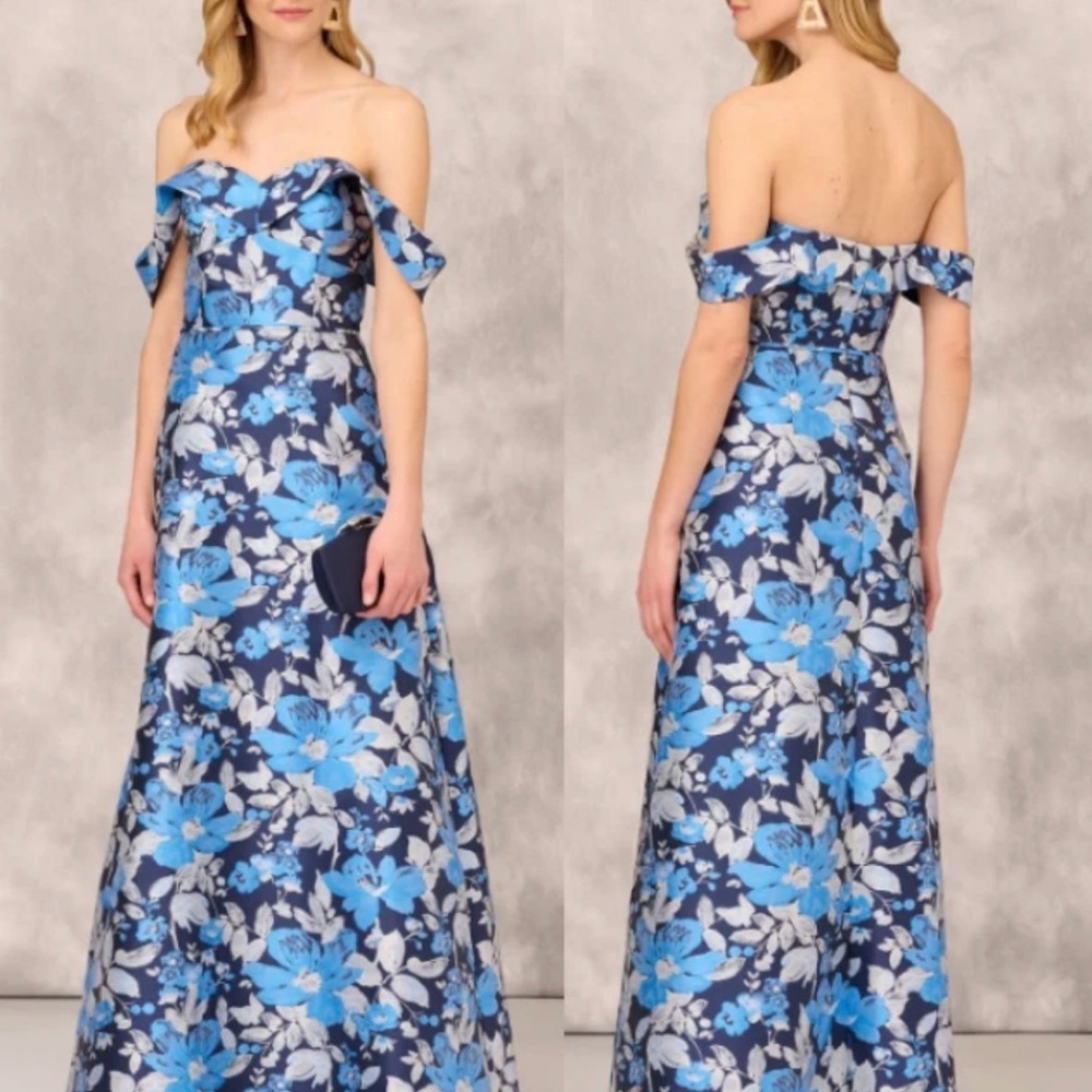 Aidan Mattox Navy and Blue Floral Off-Shoulder size 6 formal dress - Picture 9 of 9